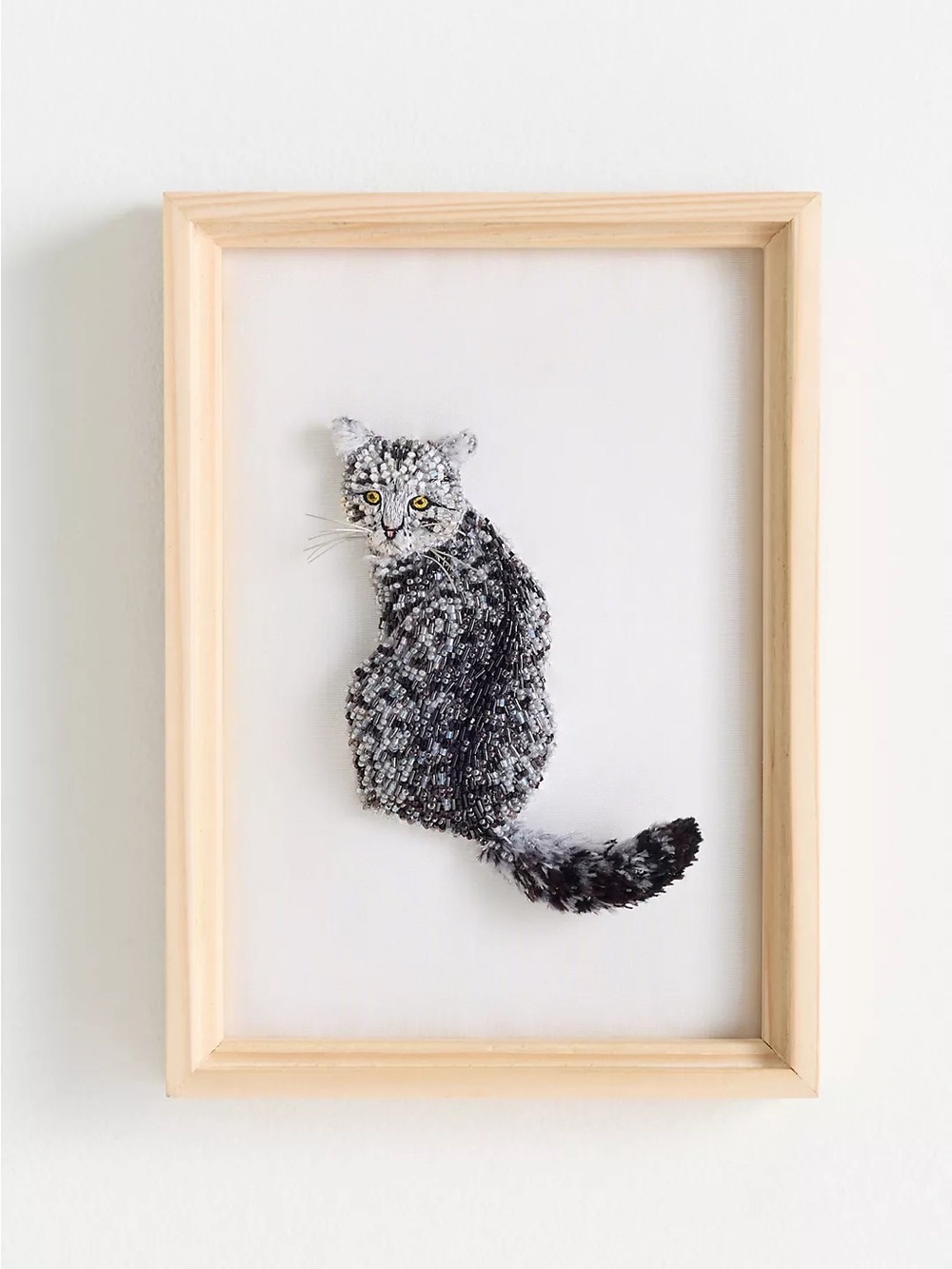Anthropologie Cat Beaded Wall Art Tabby Gray Black Hand Crafted Bespoke New